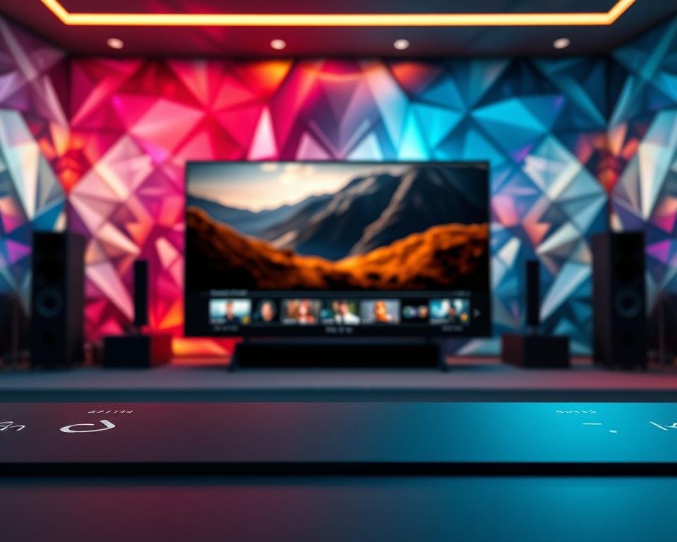 A cinematic, high-quality 4K Ultra HD video streaming service interface, showcasing a captivating display of vibrant colors, crisp details, and immersive visuals. The foreground features sleek, minimalist UI elements with elegant typography, conveying a sense of premium quality. In the middle ground, a large, high-resolution video player dominates the frame, displaying rich, lifelike imagery. The background subtly blends various geometric patterns and gradients, creating a visually stunning and technologically advanced atmosphere. Lighting is soft and balanced, with subtle highlights accentuating the display's depth and clarity. The overall mood is one of sophistication, technological prowess, and a premium viewing experience. A cinematic, high-quality 4K Ultra HD video streaming service interface, showcasing a captivating display of vibrant colors, crisp details, and immersive visuals. The foreground features sleek, minimalist UI elements with elegant typography, conveying a sense of premium quality. In the middle ground, a large, high-resolution video player dominates the frame, displaying rich, lifelike imagery. The background subtly blends various geometric patterns and gradients, creating a visually stunning and technologically advanced atmosphere. Lighting is soft and balanced, with subtle highlights accentuating the display's depth and clarity. The overall mood is one of sophistication, technological prowess, and a premium viewing experience.