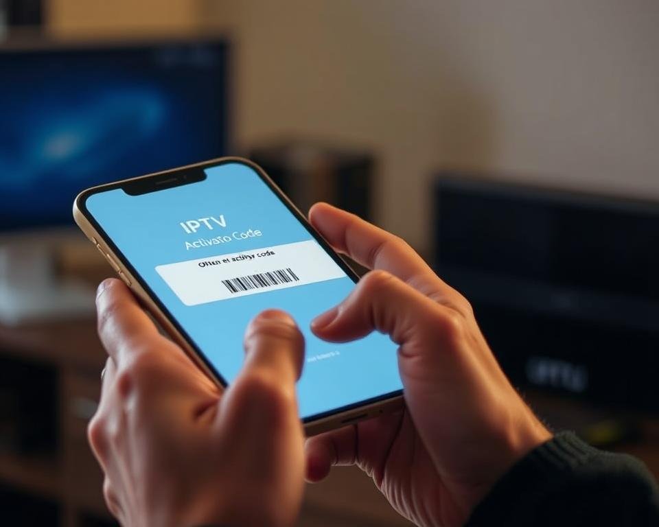 A close-up shot of a person's hands holding a smartphone displaying an IPTV activation code. The screen is well-lit, casting a warm glow on the hands. The background is slightly blurred, suggesting an office or home setting. The focus is on the code, conveying the idea of obtaining and activating an IPTV service. The image should have a sense of simplicity and clarity, highlighting the essential elements needed to illustrate the "Obtenir et activer votre code IPTV" section of the article. A close-up shot of a person's hands holding a smartphone displaying an IPTV activation code. The screen is well-lit, casting a warm glow on the hands. The background is slightly blurred, suggesting an office or home setting. The focus is on the code, conveying the idea of obtaining and activating an IPTV service. The image should have a sense of simplicity and clarity, highlighting the essential elements needed to illustrate the "Obtenir et activer votre code IPTV" section of the article.