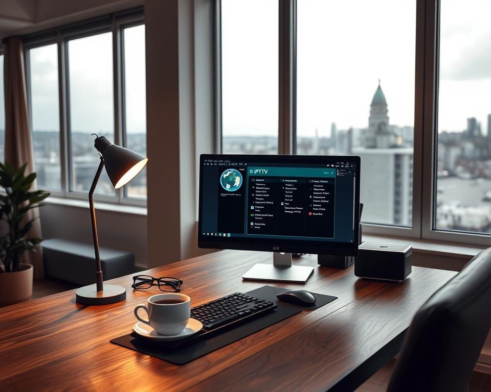 A cozy home office scene, with a sleek computer monitor displaying an IPTV interface on the screen. The desk is made of rich, dark wood, neatly organized with a keyboard, mouse, and a cup of steaming coffee. Warm, soft lighting emanates from a desk lamp, casting a gentle glow across the space. Large windows in the background provide a view of a picturesque cityscape, hinting at the versatility of IPTV for both work and leisure. The overall atmosphere is one of productivity and comfort, perfectly suited for the task of configuring an IPTV setup on a personal computer. A cozy home office scene, with a sleek computer monitor displaying an IPTV interface on the screen. The desk is made of rich, dark wood, neatly organized with a keyboard, mouse, and a cup of steaming coffee. Warm, soft lighting emanates from a desk lamp, casting a gentle glow across the space. Large windows in the background provide a view of a picturesque cityscape, hinting at the versatility of IPTV for both work and leisure. The overall atmosphere is one of productivity and comfort, perfectly suited for the task of configuring an IPTV setup on a personal computer.