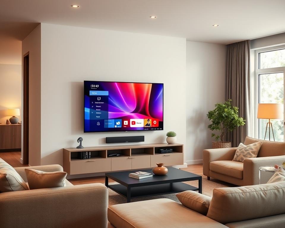 A cozy living room with a modern digital television as the focal point. The TV is mounted on a sleek, minimalist wall unit, surrounded by comfortable furniture and warm lighting. The room has an airy, open-plan layout, with large windows letting in natural light. The television screen displays a vibrant, high-definition interface, showcasing the flexibility and accessibility of digital TV technology. The overall atmosphere is one of relaxation and ease, highlighting the convenience and user-friendliness of this digital television experience. A cozy living room with a modern digital television as the focal point. The TV is mounted on a sleek, minimalist wall unit, surrounded by comfortable furniture and warm lighting. The room has an airy, open-plan layout, with large windows letting in natural light. The television screen displays a vibrant, high-definition interface, showcasing the flexibility and accessibility of digital TV technology. The overall atmosphere is one of relaxation and ease, highlighting the convenience and user-friendliness of this digital television experience.