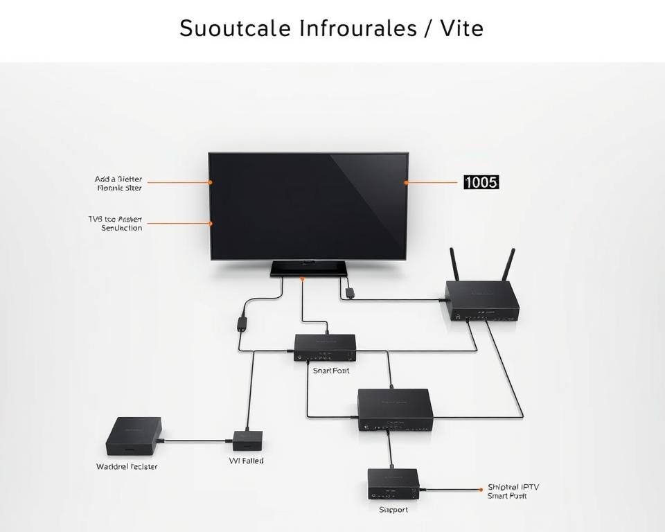 A detailed diagram of a configurable IPTV system, showcasing the various components and their interconnections. The image should depict a sleek, modern setup with a smart TV as the central device, connected to a streaming media box, a router, and other peripheral devices. The layout should be clean and organized, with cables neatly routed and minimal clutter. The overall tone should be professional and technical, with a focus on the practical aspects of setting up and configuring an IPTV solution. Soft, diffused lighting illuminates the scene, highlighting the interconnected nature of the system. The camera angle should be slightly elevated, providing a comprehensive view of the setup. A detailed diagram of a configurable IPTV system, showcasing the various components and their interconnections. The image should depict a sleek, modern setup with a smart TV as the central device, connected to a streaming media box, a router, and other peripheral devices. The layout should be clean and organized, with cables neatly routed and minimal clutter. The overall tone should be professional and technical, with a focus on the practical aspects of setting up and configuring an IPTV solution. Soft, diffused lighting illuminates the scene, highlighting the interconnected nature of the system. The camera angle should be slightly elevated, providing a comprehensive view of the setup.
