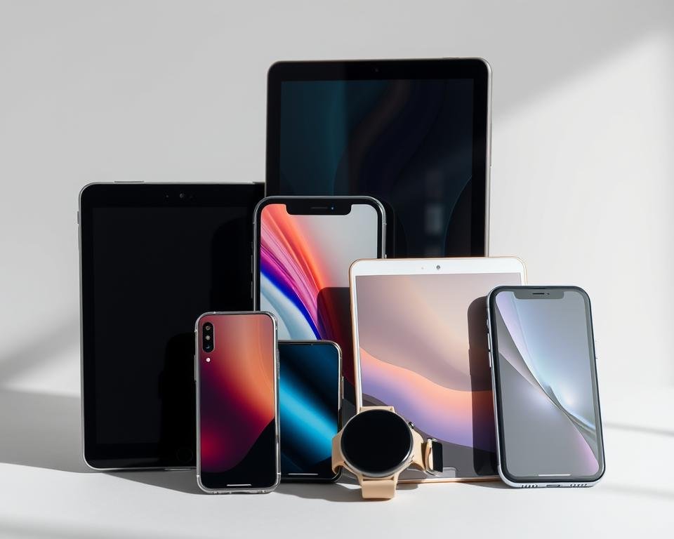 A detailed, high-quality image of various mobile devices including smartphones, tablets, and smartwatches, showcased against a sleek, minimalist background. The devices should be arranged in a natural, organic composition that suggests their versatility and connectivity, capturing the essence of mobile technology. The lighting should be soft and directional, creating subtle shadows and highlights that accentuate the devices' forms and materials. The overall mood should be modern, stylish, and aspirational, conveying the idea of seamless, on-the-go digital experiences.
