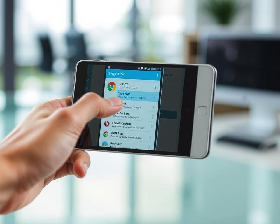 A detailed installation guide for the IPTVX Android application, showcasing the step-by-step process on a modern Android smartphone or tablet. The foreground depicts the IPTVX app icon and UI, with a hand interacting with the touchscreen to navigate through the installation menus. The middle ground features a clean, well-lit Android device in a natural setting, such as an office or home environment. The background blurs softly, emphasizing the focal point of the application installation. The overall mood is informative and instructional, with a touch of simplicity and professionalism to align with the article's subject matter. A detailed installation guide for the IPTVX Android application, showcasing the step-by-step process on a modern Android smartphone or tablet. The foreground depicts the IPTVX app icon and UI, with a hand interacting with the touchscreen to navigate through the installation menus. The middle ground features a clean, well-lit Android device in a natural setting, such as an office or home environment. The background blurs softly, emphasizing the focal point of the application installation. The overall mood is informative and instructional, with a touch of simplicity and professionalism to align with the article's subject matter.