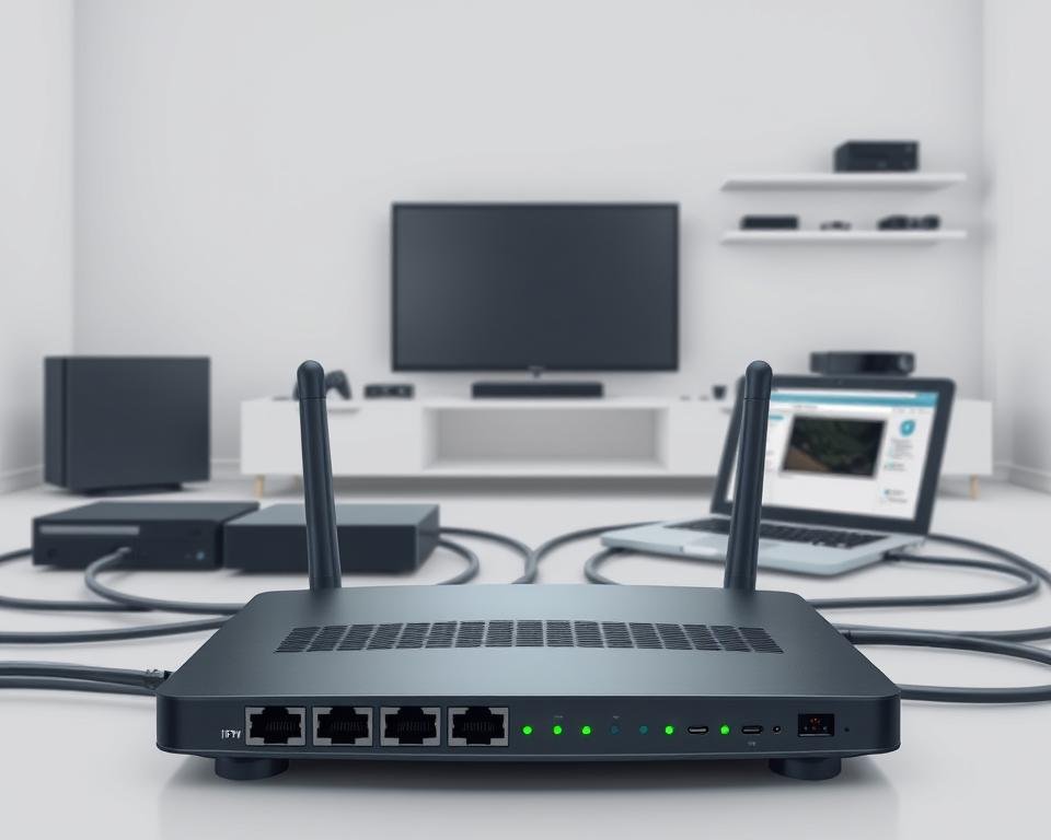 A detailed, modern illustration of a IPTV configuration setup. In the foreground, a sleek router with multiple ethernet ports, surrounded by various media devices like a set-top box, game console, and smart TV. The middle ground features network cables in a tidy, organized layout, with a laptop showcasing a IPTV management interface. In the background, a minimalist home entertainment setup with shelves of media components. Soft, even lighting creates a clean, technological atmosphere. The composition emphasizes the interconnected nature of an IPTV system and its integration into a modern home media setup. A detailed, modern illustration of a IPTV configuration setup. In the foreground, a sleek router with multiple ethernet ports, surrounded by various media devices like a set-top box, game console, and smart TV. The middle ground features network cables in a tidy, organized layout, with a laptop showcasing a IPTV management interface. In the background, a minimalist home entertainment setup with shelves of media components. Soft, even lighting creates a clean, technological atmosphere. The composition emphasizes the interconnected nature of an IPTV system and its integration into a modern home media setup.
