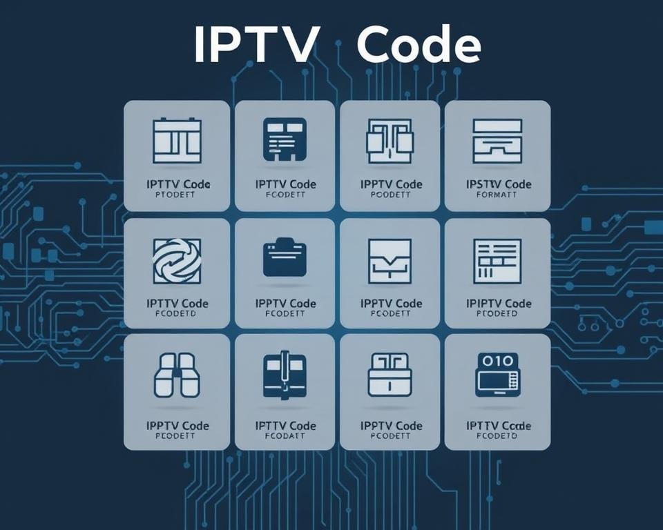 A detailed technical illustration showcasing various types of IPTV codes, including their structure, format, and functionality. The image should feature a clean, minimalist design with a focus on clarity and informative visuals. Depict the codes in a grid or matrix layout, with each type represented by a distinct icon or graphical element. Use a muted, professional color palette and crisp, high-resolution rendering to convey a sense of authority and expertise. Incorporate subtle background elements like circuit board patterns or data visualizations to reinforce the technical nature of the subject matter. The overall composition should be well-balanced, directing the viewer's attention to the key details of the different IPTV code types. A detailed technical illustration showcasing various types of IPTV codes, including their structure, format, and functionality. The image should feature a clean, minimalist design with a focus on clarity and informative visuals. Depict the codes in a grid or matrix layout, with each type represented by a distinct icon or graphical element. Use a muted, professional color palette and crisp, high-resolution rendering to convey a sense of authority and expertise. Incorporate subtle background elements like circuit board patterns or data visualizations to reinforce the technical nature of the subject matter. The overall composition should be well-balanced, directing the viewer's attention to the key details of the different IPTV code types.