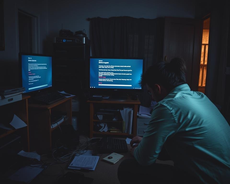 A dimly lit, cluttered home office with a computer monitor displaying error messages and glitchy IPTV interface. In the foreground, a frustrated user hunches over the keyboard, surrounded by scattered papers and tangled cables. The middle ground features a tangle of wires and streaming devices, while the background shows a partially obscured window, hinting at the outside world beyond this technological frustration. Muted colors, dramatic shadows, and a sense of technological malaise pervade the scene, conveying the challenges of troubleshooting common IPTV problems.