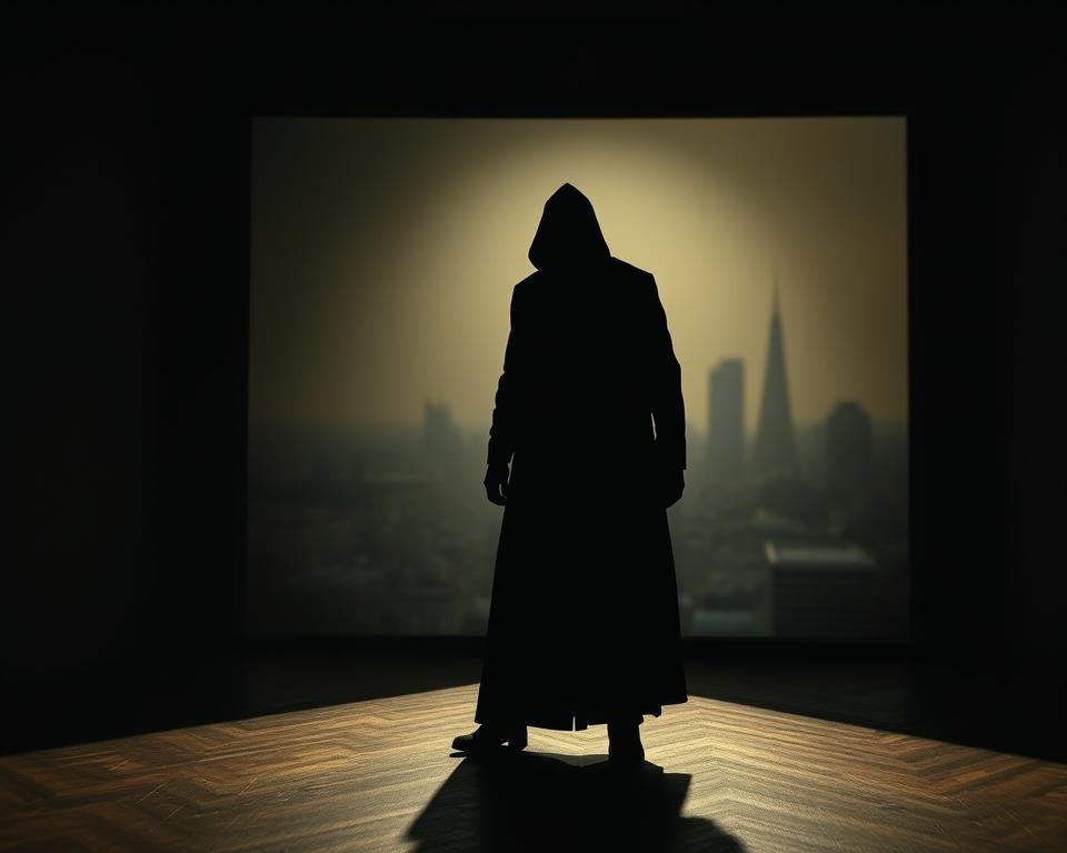 A dimly lit room, with a sense of unease and uncertainty. In the foreground, a shadowy figure representing the "Risques IPTV illégaux" - an ominous presence casting a long, foreboding shadow across the scene. The middle ground is hazy, with a sense of danger and the unknown lurking within. In the background, a blurred cityscape, its familiar landmarks obscured, suggesting the broader implications and far-reaching consequences of this illicit activity. The lighting is moody, with a mix of warm and cool tones, creating an atmosphere of tension and unease. The overall composition is dramatic, capturing the gravity and seriousness of the subject matter. A dimly lit room, with a sense of unease and uncertainty. In the foreground, a shadowy figure representing the "Risques IPTV illégaux" - an ominous presence casting a long, foreboding shadow across the scene. The middle ground is hazy, with a sense of danger and the unknown lurking within. In the background, a blurred cityscape, its familiar landmarks obscured, suggesting the broader implications and far-reaching consequences of this illicit activity. The lighting is moody, with a mix of warm and cool tones, creating an atmosphere of tension and unease. The overall composition is dramatic, capturing the gravity and seriousness of the subject matter.