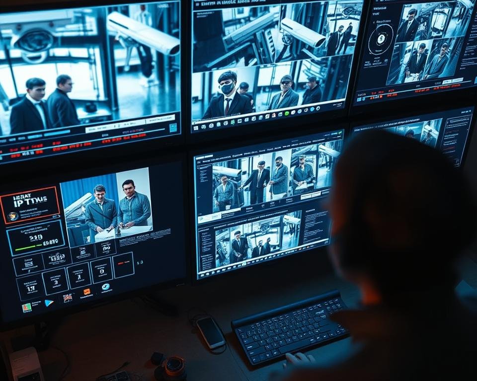 A high-angle view of a security monitor displaying multiple CCTV camera feeds, each showcasing individuals accessing an IPTV service. The feeds are accompanied by a forensic analysis interface, with data streams, facial recognition software, and geolocation tracking overlays. The scene conveys a sense of vigilance and surveillance, reflecting the authorities' efforts to identify and apprehend illegal IPTV users. The lighting is a mix of cool, clinical tones from the digital displays and warm, ambient lighting, creating a tense, investigative atmosphere. The overall composition emphasizes the technological capabilities of modern law enforcement in monitoring and tracking online activities. A high-angle view of a security monitor displaying multiple CCTV camera feeds, each showcasing individuals accessing an IPTV service. The feeds are accompanied by a forensic analysis interface, with data streams, facial recognition software, and geolocation tracking overlays. The scene conveys a sense of vigilance and surveillance, reflecting the authorities' efforts to identify and apprehend illegal IPTV users. The lighting is a mix of cool, clinical tones from the digital displays and warm, ambient lighting, creating a tense, investigative atmosphere. The overall composition emphasizes the technological capabilities of modern law enforcement in monitoring and tracking online activities.