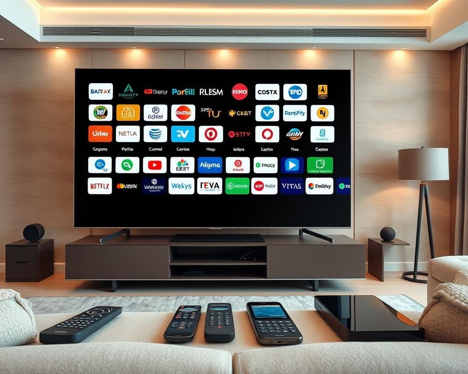 A high-quality, 4K resolution image depicting an elegant and sophisticated international television channel selection. The foreground features a sleek, modern TV display showcasing a diverse array of international channel logos and icons, presented in a visually striking arrangement. The middle ground highlights various television remote controls, smartphones, and tablets, hinting at the versatility of accessing these global channels across devices. The background portrays a stylish, minimalist interior design with warm lighting and subtle textures, creating a premium, luxury ambiance. The overall composition conveys a sense of exclusivity, premium quality, and the idea of curated, international television content. A high-quality, 4K resolution image depicting an elegant and sophisticated international television channel selection. The foreground features a sleek, modern TV display showcasing a diverse array of international channel logos and icons, presented in a visually striking arrangement. The middle ground highlights various television remote controls, smartphones, and tablets, hinting at the versatility of accessing these global channels across devices. The background portrays a stylish, minimalist interior design with warm lighting and subtle textures, creating a premium, luxury ambiance. The overall composition conveys a sense of exclusivity, premium quality, and the idea of curated, international television content.