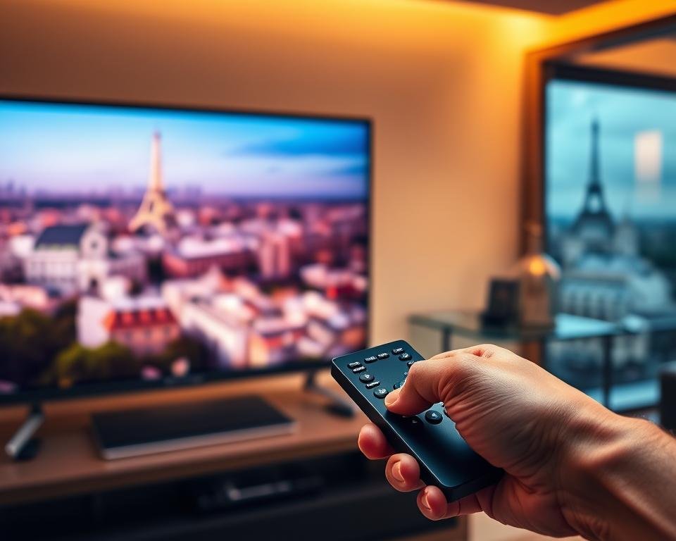 A high-quality, reliable IPTV service for French viewers. In the foreground, a sleek, modern television set displaying a crisp, vibrant image. In the middle ground, a hand holding a remote control, symbolizing the ease of use and accessibility of the IPTV service. In the background, a cityscape of Paris, with the Eiffel Tower visible, conveying a sense of French culture and sophistication. The lighting is warm and inviting, creating a cozy, comfortable atmosphere. The overall scene suggests a premium, trustworthy IPTV experience tailored for the French market. A high-quality, reliable IPTV service for French viewers. In the foreground, a sleek, modern television set displaying a crisp, vibrant image. In the middle ground, a hand holding a remote control, symbolizing the ease of use and accessibility of the IPTV service. In the background, a cityscape of Paris, with the Eiffel Tower visible, conveying a sense of French culture and sophistication. The lighting is warm and inviting, creating a cozy, comfortable atmosphere. The overall scene suggests a premium, trustworthy IPTV experience tailored for the French market.