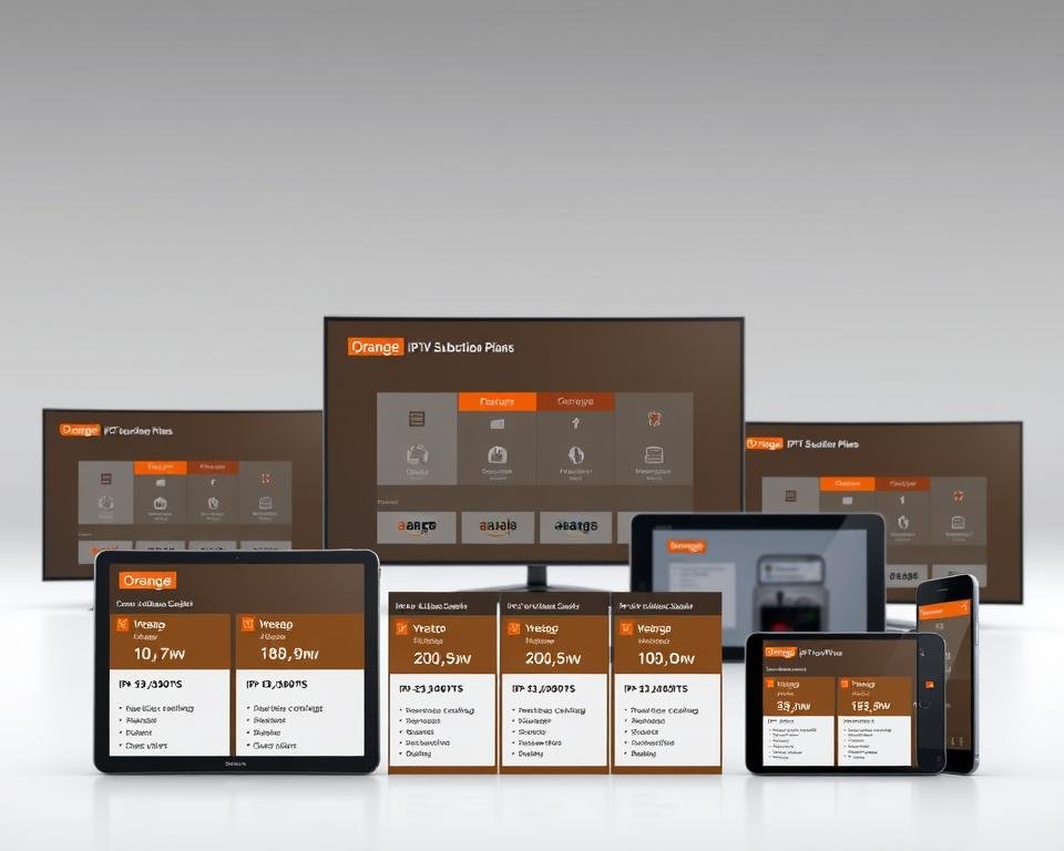 A high-resolution, photorealistic image of various IPTV subscription plans displayed on modern digital devices. The foreground showcases the different IPTV packages from Orange, each with their own icons, pricing, and feature details. The middle ground includes sleek, minimalist digital screens such as smart TVs, tablets, and smartphones, showcasing the IPTV plans in a clean, organized manner. The background features a neutral, slightly blurred gradient in soft, muted tones to keep the focus on the digital displays and subscription details. The overall composition is balanced, visually striking, and effectively conveys the different IPTV offerings from Orange.