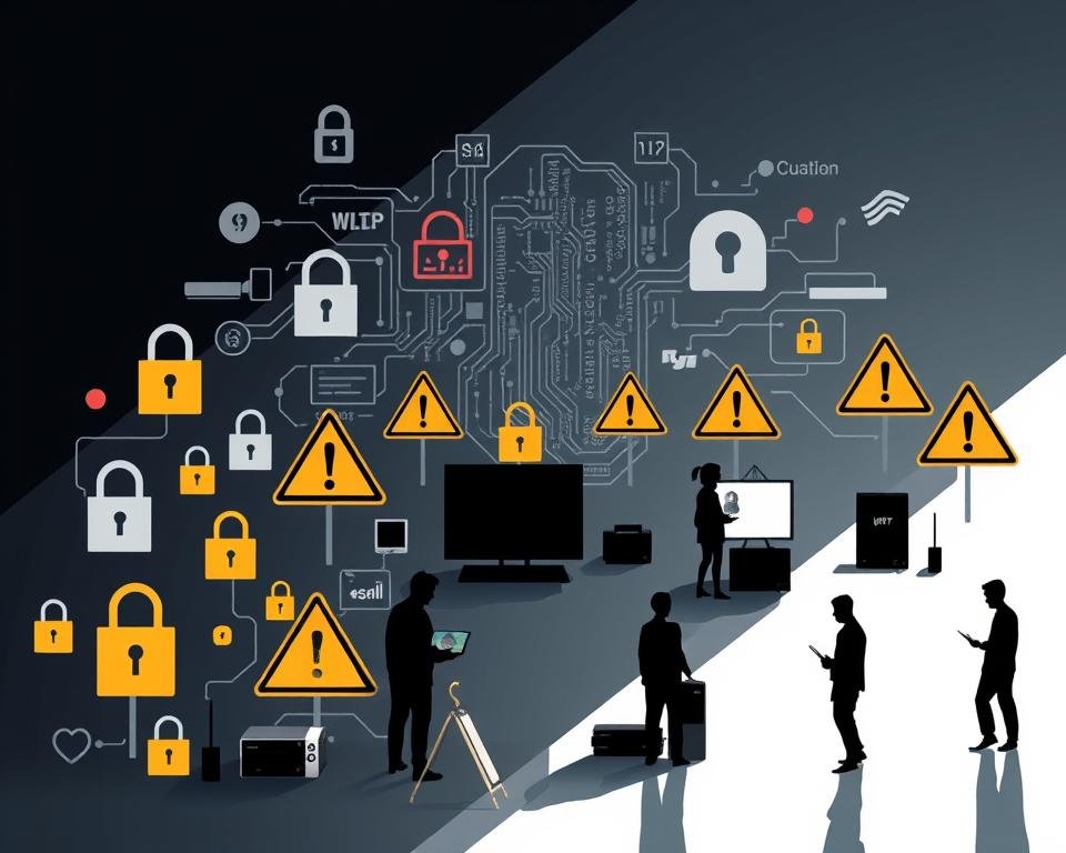 A minimalist, highly detailed, and realistic illustration depicting various potential pitfalls to avoid when using IPTV streaming services. The foreground features a variety of digital security symbols, including locks, keys, and warning signs, arranged in a cautionary layout. The middle ground showcases silhouetted figures interacting with streaming devices, highlighting the need for user vigilance. The background subtly incorporates technological elements like circuit boards, binary code, and data visualizations to reinforce the digital landscape. The lighting is sharp and directional, creating dramatic shadows and highlights to convey a sense of caution and technicality. The overall tone is serious, informative, and visually striking, aligning with the subject matter of the article section.