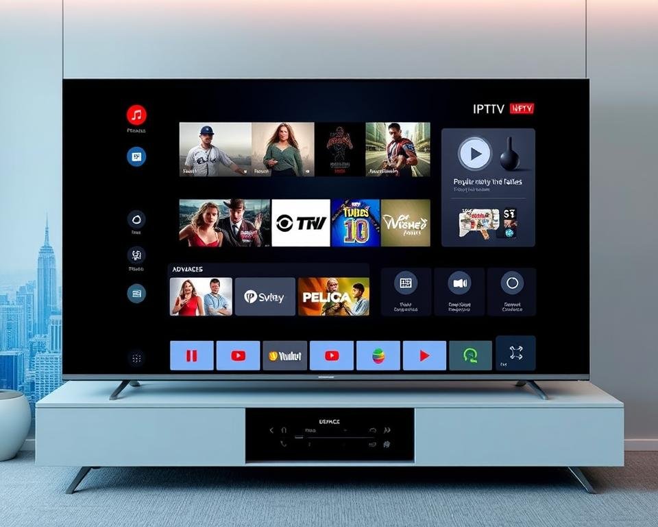 A modern IPTV interface with sleek, minimalist design showcasing advanced features. In the foreground, a large TV display presenting a grid of popular channels and on-demand content. The middle ground features intuitive control panels and customization options. In the background, a subtle cityscape or technology-themed backdrop conveying a sense of connectivity and innovation. The lighting is soft and balanced, with a color palette of blues, grays, and whites to create a clean, professional aesthetic. The camera angle is frontal and slightly elevated to provide an overview of the comprehensive IPTV system. A modern IPTV interface with sleek, minimalist design showcasing advanced features. In the foreground, a large TV display presenting a grid of popular channels and on-demand content. The middle ground features intuitive control panels and customization options. In the background, a subtle cityscape or technology-themed backdrop conveying a sense of connectivity and innovation. The lighting is soft and balanced, with a color palette of blues, grays, and whites to create a clean, professional aesthetic. The camera angle is frontal and slightly elevated to provide an overview of the comprehensive IPTV system.