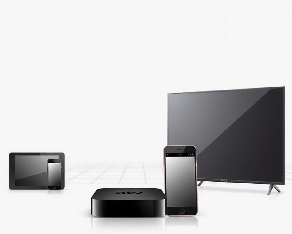 A modern and minimal illustration showcasing various IPTV compatible devices. In the foreground, a sleek smart TV, streaming box, smartphone, and tablet are arranged harmoniously, representing the diverse platforms on which IPTV services can be accessed. The middle ground features a subtle grid pattern, suggesting the interconnectivity of these devices. The background is a soft, neutral gradient, allowing the devices to take center stage. The lighting is clean and evenly distributed, highlighting the minimalist design and technological aesthetic. The overall composition conveys the versatility and accessibility of IPTV, suitable for the "Compatibility" section of the article. A modern and minimal illustration showcasing various IPTV compatible devices. In the foreground, a sleek smart TV, streaming box, smartphone, and tablet are arranged harmoniously, representing the diverse platforms on which IPTV services can be accessed. The middle ground features a subtle grid pattern, suggesting the interconnectivity of these devices. The background is a soft, neutral gradient, allowing the devices to take center stage. The lighting is clean and evenly distributed, highlighting the minimalist design and technological aesthetic. The overall composition conveys the versatility and accessibility of IPTV, suitable for the "Compatibility" section of the article.