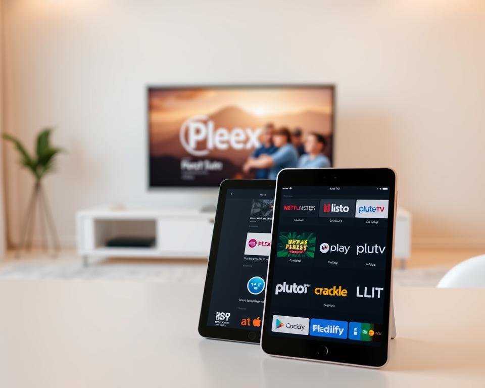 A modern, clean-looking digital display showcasing various free TV streaming platforms. In the foreground, a sleek tablet or smartphone displays the logos and names of popular free IPTV services, such as Plex, Pluto TV, and Crackle. The middle ground features a computer or laptop screen mirroring the same content, highlighting the cross-device compatibility. The background shows a minimalist living room setting with neutral tones, emphasizing the seamless integration of these free TV platforms into the home environment. The scene is illuminated by warm, diffused lighting, creating a cozy and inviting atmosphere. The overall composition conveys the accessibility and convenience of these free IPTV options in 2024. A modern, clean-looking digital display showcasing various free TV streaming platforms. In the foreground, a sleek tablet or smartphone displays the logos and names of popular free IPTV services, such as Plex, Pluto TV, and Crackle. The middle ground features a computer or laptop screen mirroring the same content, highlighting the cross-device compatibility. The background shows a minimalist living room setting with neutral tones, emphasizing the seamless integration of these free TV platforms into the home environment. The scene is illuminated by warm, diffused lighting, creating a cozy and inviting atmosphere. The overall composition conveys the accessibility and convenience of these free IPTV options in 2024.