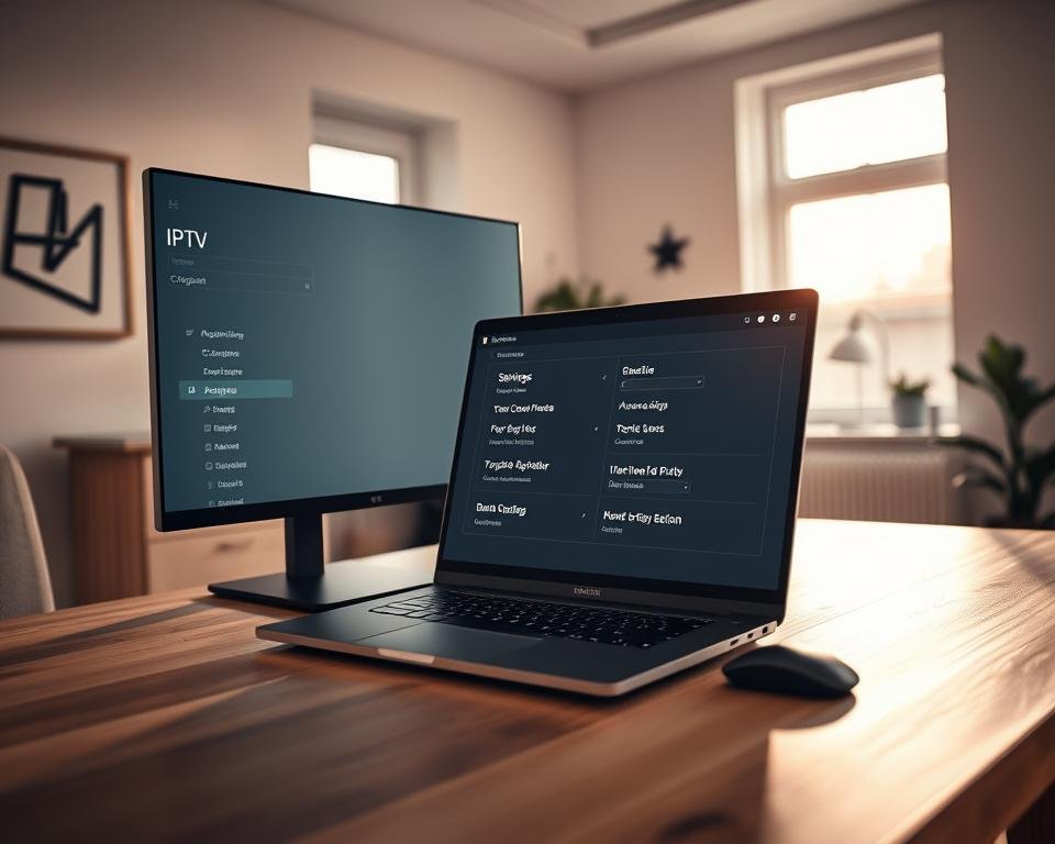 A modern home office setup with a sleek computer monitor, keyboard, and mouse on a minimalist wood desk. In the foreground, an open laptop displays the IPTV configuration interface, with various settings and options clearly visible. Behind the desk, a large window floods the room with warm, natural light, creating a cozy and productive atmosphere. The walls are adorned with simple, geometric artwork, complementing the clean, professional vibe. Subtle shadows and highlights accentuate the depth and texture of the scene, resulting in a visually striking and informative image.