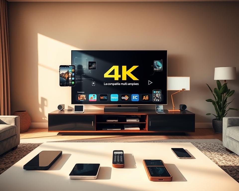 A modern living room setting with a large 4K television taking center stage, displaying a seamless connection to various devices like smartphones, tablets, and laptops. The room is bathed in warm, natural lighting, creating a cozy and inviting atmosphere. In the foreground, a sleek, minimalist coffee table holds remote controls and other tech accessories, emphasizing the harmony of devices. The background features neutral-toned walls and minimal decor, allowing the technology to be the focal point. The overall composition conveys the ease and convenience of multi-device compatibility, reflecting the "La compatibilité multi-appareils" section of the article. A modern living room setting with a large 4K television taking center stage, displaying a seamless connection to various devices like smartphones, tablets, and laptops. The room is bathed in warm, natural lighting, creating a cozy and inviting atmosphere. In the foreground, a sleek, minimalist coffee table holds remote controls and other tech accessories, emphasizing the harmony of devices. The background features neutral-toned walls and minimal decor, allowing the technology to be the focal point. The overall composition conveys the ease and convenience of multi-device compatibility, reflecting the "La compatibilité multi-appareils" section of the article.