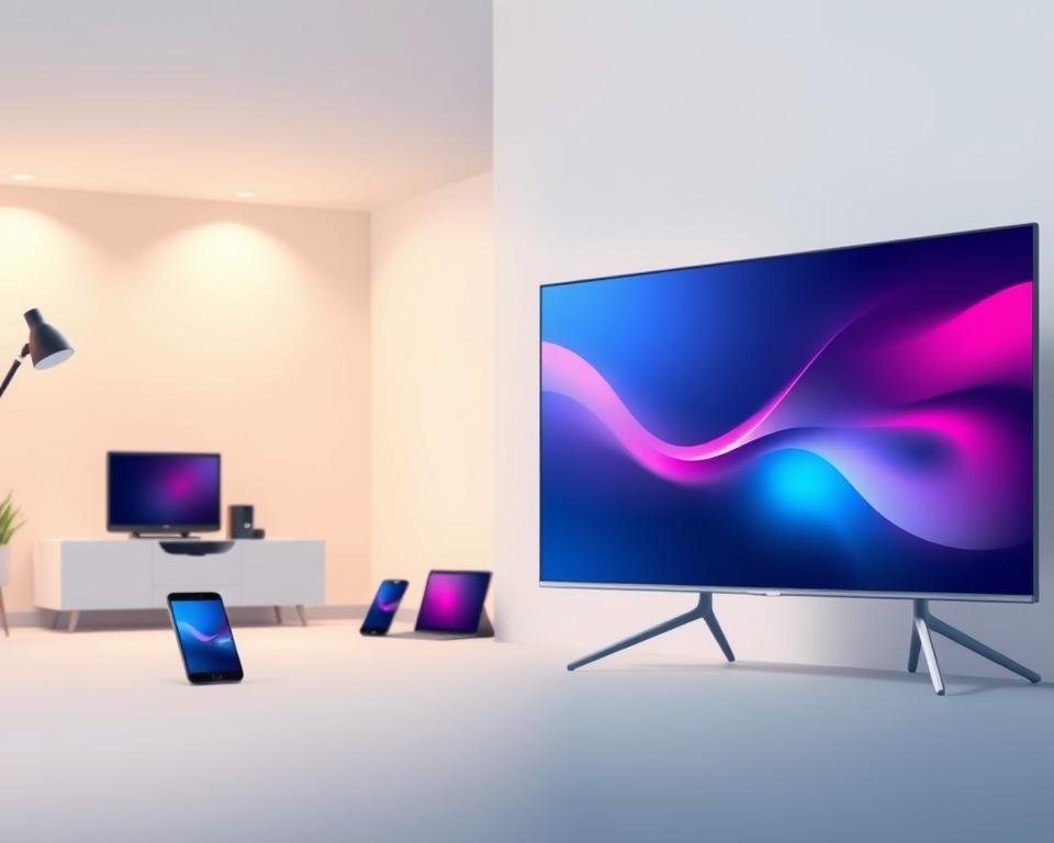 A modern, minimalist illustration depicting the advantages of online television. In the foreground, a sleek, high-definition television screen showcases a vibrant, cinematic display. In the middle ground, various connected devices such as smartphones, tablets, and laptops suggest the convenience of on-the-go streaming. The background features a clean, serene environment with subtle, warm lighting, symbolizing the comfort and accessibility of online TV. The overall composition conveys a sense of technological sophistication, personal freedom, and the superior viewing experience offered by internet-based television. A modern, minimalist illustration depicting the advantages of online television. In the foreground, a sleek, high-definition television screen showcases a vibrant, cinematic display. In the middle ground, various connected devices such as smartphones, tablets, and laptops suggest the convenience of on-the-go streaming. The background features a clean, serene environment with subtle, warm lighting, symbolizing the comfort and accessibility of online TV. The overall composition conveys a sense of technological sophistication, personal freedom, and the superior viewing experience offered by internet-based television.