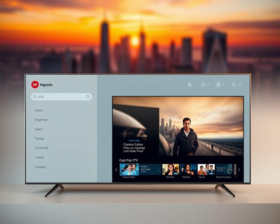 A modern, minimalist interface of the Majestic IPTV service. In the foreground, a clean, intuitive dashboard with a grid of content categories and a search bar. Soft, muted colors create a calming atmosphere. The middle ground features a large, high-definition video player displaying a film or TV show, surrounded by user controls and information. In the background, a blurred, out-of-focus cityscape with skyscrapers and a vibrant sunset sky. The lighting is natural and warm, with subtle shadows and highlights accentuating the interface's sleek design. The overall mood is one of sophistication, ease of use, and immersive entertainment. A modern, minimalist interface of the Majestic IPTV service. In the foreground, a clean, intuitive dashboard with a grid of content categories and a search bar. Soft, muted colors create a calming atmosphere. The middle ground features a large, high-definition video player displaying a film or TV show, surrounded by user controls and information. In the background, a blurred, out-of-focus cityscape with skyscrapers and a vibrant sunset sky. The lighting is natural and warm, with subtle shadows and highlights accentuating the interface's sleek design. The overall mood is one of sophistication, ease of use, and immersive entertainment.