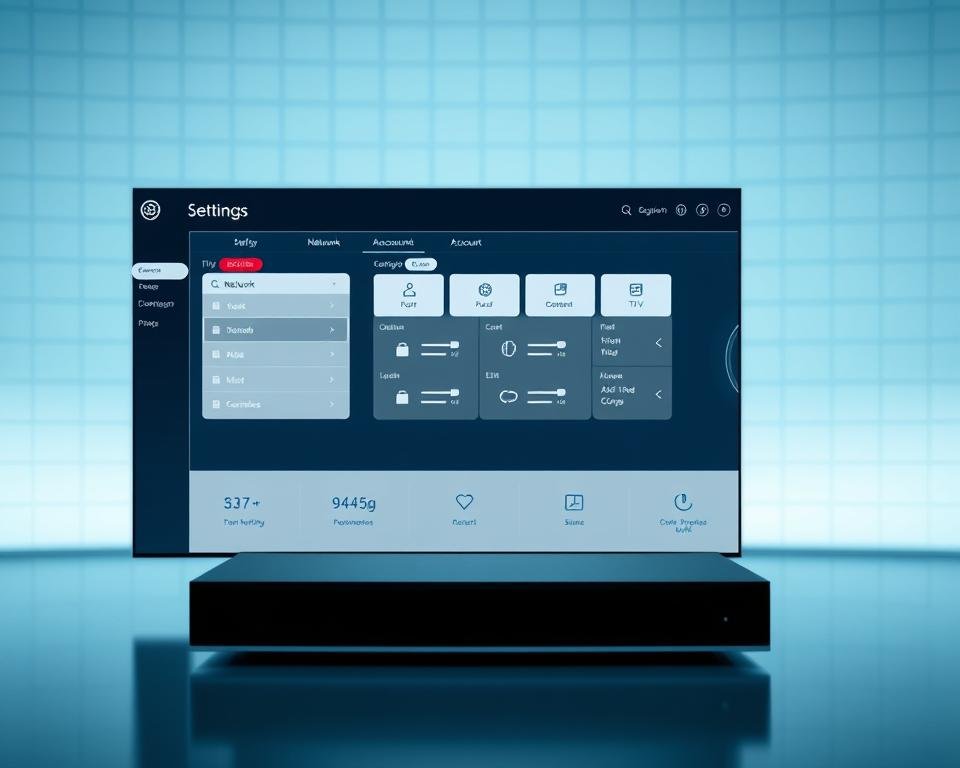 A modern, minimalist user interface for a configuration application designed for IPTV. The foreground features a clean, intuitive dashboard with clearly labeled sections for settings, network, and account management. In the middle ground, a centralized control panel with toggles, sliders, and dropdown menus allows precise customization of IPTV parameters. The background showcases a subtle grid pattern, reflecting the technical nature of the application, bathed in a cool, calming color palette that enhances the professional, streamlined aesthetic. Crisp, high-resolution graphics, with a shallow depth of field, highlight the attention to detail and user-friendly experience. A modern, minimalist user interface for a configuration application designed for IPTV. The foreground features a clean, intuitive dashboard with clearly labeled sections for settings, network, and account management. In the middle ground, a centralized control panel with toggles, sliders, and dropdown menus allows precise customization of IPTV parameters. The background showcases a subtle grid pattern, reflecting the technical nature of the application, bathed in a cool, calming color palette that enhances the professional, streamlined aesthetic. Crisp, high-resolution graphics, with a shallow depth of field, highlight the attention to detail and user-friendly experience.