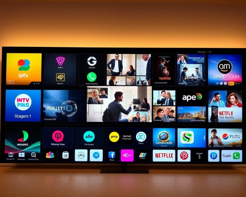 A neatly organized display of various IPTV applications, showcasing their distinct interfaces and functionalities. The foreground features prominent app icons and logos, capturing the diverse options available for IPTV streaming. The middle ground depicts users interacting with the applications, demonstrating the intuitive user experience. The background is a sleek, minimalist setting, with subtle patterns and gradients that complement the modern, tech-savvy atmosphere. Warm, balanced lighting illuminates the scene, highlighting the apps' features and emphasizing the seamless integration of IPTV technology into everyday digital life. A neatly organized display of various IPTV applications, showcasing their distinct interfaces and functionalities. The foreground features prominent app icons and logos, capturing the diverse options available for IPTV streaming. The middle ground depicts users interacting with the applications, demonstrating the intuitive user experience. The background is a sleek, minimalist setting, with subtle patterns and gradients that complement the modern, tech-savvy atmosphere. Warm, balanced lighting illuminates the scene, highlighting the apps' features and emphasizing the seamless integration of IPTV technology into everyday digital life.