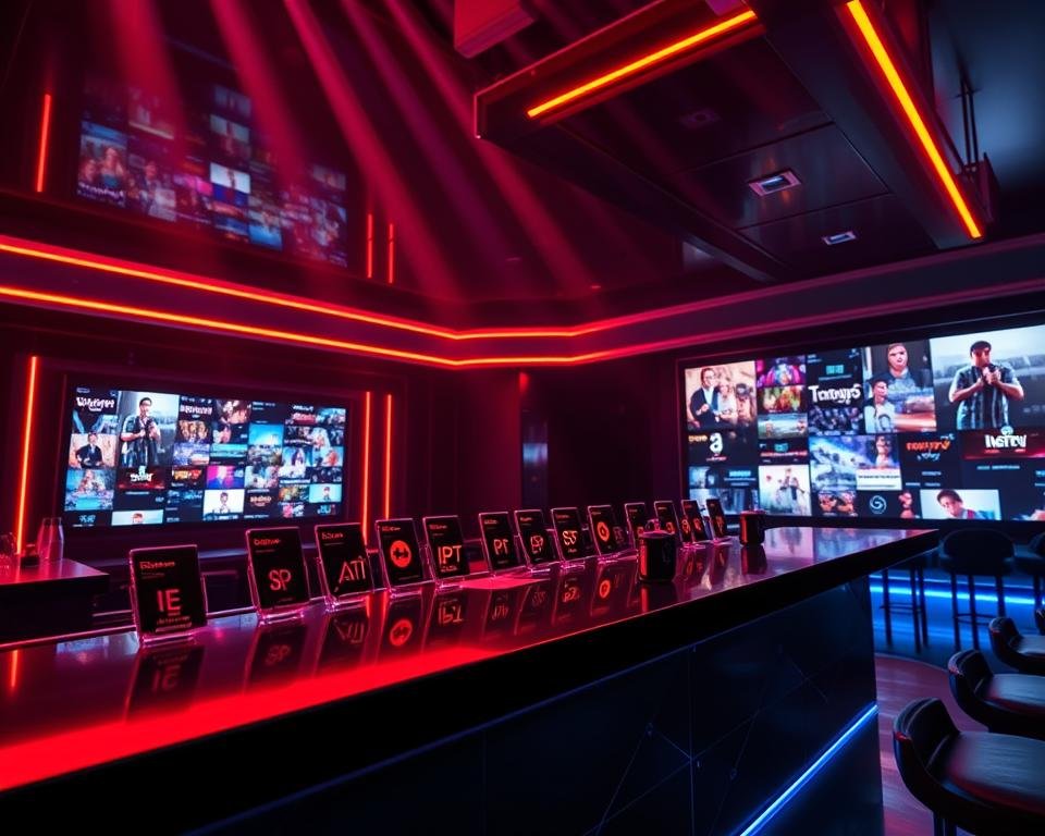 A neon-lit nightclub interior, with a sleek, modern bar taking center stage. On the bar, various IPTV subscription packages are displayed, each represented by a glowing icon or symbol. The lighting is dramatic, with deep shadows and highlights that accentuate the sharp, angular design of the bar and its offerings. In the background, a large video wall displays a montage of streaming content, hinting at the diverse entertainment available with these IPTV subscriptions. The overall atmosphere is one of sophistication, technological prowess, and the promise of an immersive, high-quality viewing experience. A neon-lit nightclub interior, with a sleek, modern bar taking center stage. On the bar, various IPTV subscription packages are displayed, each represented by a glowing icon or symbol. The lighting is dramatic, with deep shadows and highlights that accentuate the sharp, angular design of the bar and its offerings. In the background, a large video wall displays a montage of streaming content, hinting at the diverse entertainment available with these IPTV subscriptions. The overall atmosphere is one of sophistication, technological prowess, and the promise of an immersive, high-quality viewing experience.