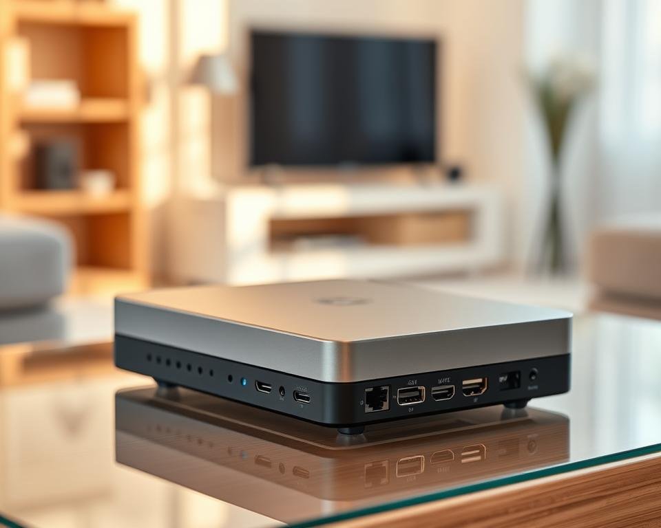 A sleek and modern Android IPTV set-top box resting on a minimalist glass or wooden surface. The device features a clean, minimalist design with sharp lines and a subtle chrome or matte black finish. The front panel displays discreet LED indicators, while the back showcases a variety of connectivity ports, including HDMI, Ethernet, and USB. The box is situated in a well-lit, airy environment, with warm, natural lighting softly illuminating the scene. The overall atmosphere conveys a sense of simplicity, functionality, and technology seamlessly integrated into a modern living space.