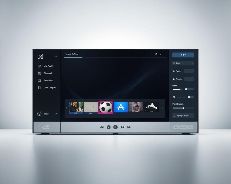 A sleek and modern IPTV configuration application interface, showcasing a clean and intuitive dashboard. The foreground displays a series of toggles, sliders, and dropdown menus, allowing the user to easily adjust IPTV settings such as video quality, channel selection, and parental controls. The middle ground features a large preview window, displaying a live IPTV feed with crisp, high-definition visuals. The background is a minimalist, soft-toned gradient, creating a professional and polished atmosphere. Soft, diffused lighting illuminates the scene, creating a sense of depth and emphasizing the application's elegant design. The overall composition conveys a seamless and user-friendly IPTV management experience.