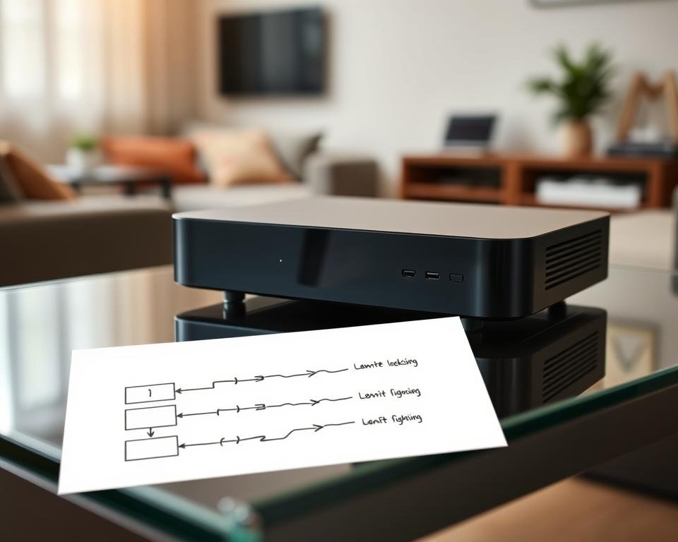 A sleek and modern IPTV device rests on a minimalist, glass-topped desk, its matte black exterior gleaming under soft, diffused lighting. The device's clean lines and subtle curves evoke a sense of technological sophistication. In the foreground, a hand-drawn diagram illustrates the step-by-step configuration process, with clear, labeled connections and settings. The background features a blurred, out-of-focus view of a cozy, well-appointed living room, suggesting the seamless integration of the IPTV setup into a home entertainment system. The overall mood is one of efficiency, simplicity, and the effortless enjoyment of IPTV services. A sleek and modern IPTV device rests on a minimalist, glass-topped desk, its matte black exterior gleaming under soft, diffused lighting. The device's clean lines and subtle curves evoke a sense of technological sophistication. In the foreground, a hand-drawn diagram illustrates the step-by-step configuration process, with clear, labeled connections and settings. The background features a blurred, out-of-focus view of a cozy, well-appointed living room, suggesting the seamless integration of the IPTV setup into a home entertainment system. The overall mood is one of efficiency, simplicity, and the effortless enjoyment of IPTV services.