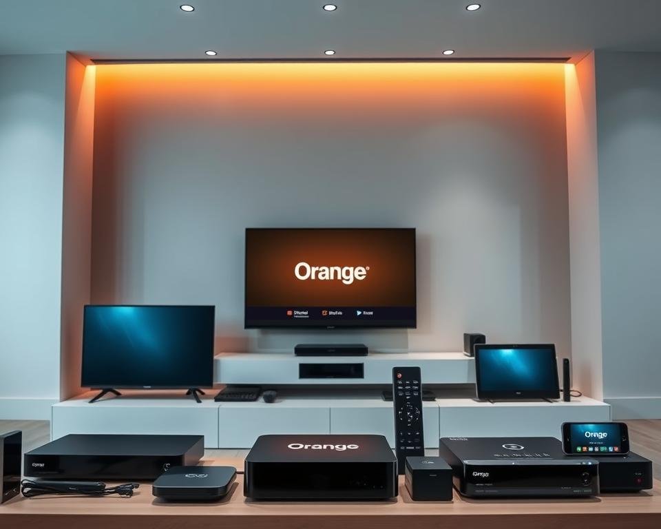 A sleek and modern IPTV service display, showcasing various compatible devices and platforms. In the foreground, an array of smart TVs, set-top boxes, and mobile devices neatly arranged, highlighting their seamless integration with the IPTV service. The middle ground features a clean, minimal interface with intuitive controls and a prominent Orange brand presence, conveying the legal and reliable nature of the service. The background depicts a stylish, minimalist living room setting, with subtle lighting and clean lines, suggesting the user-friendly and high-quality experience of the IPTV service. The overall atmosphere is one of sophistication, technology, and legal compliance, perfectly aligning with the article's subject and section title.