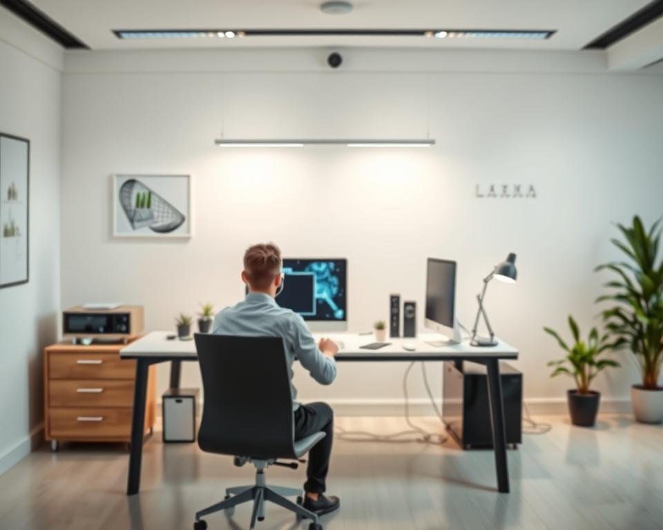 A sleek, modern office setting with a desk, computer, and various tech accessories. In the foreground, a person is sitting at the desk, intently focused on their laptop screen, symbolizing technical support and assistance. The background features minimalist decor, soft lighting, and a calming color palette to convey a professional, streamlined atmosphere. The overall scene exudes a sense of efficiency, expertise, and a dedicated commitment to solving technical problems.