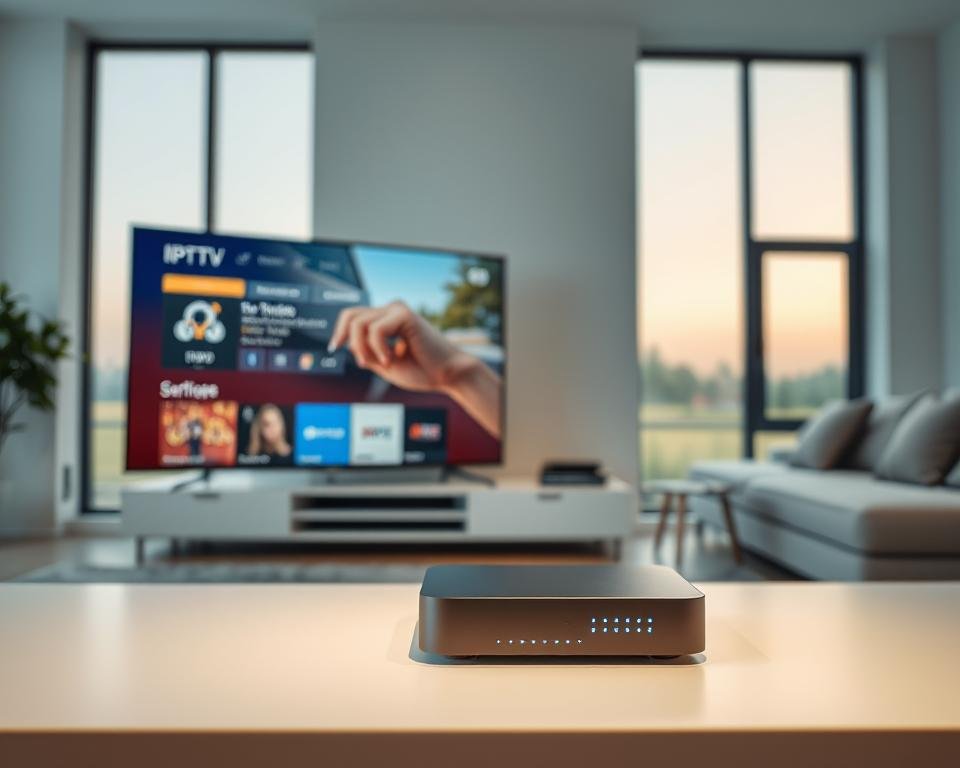 A streamlined IPTV setup with clean, minimalist aesthetics. In the foreground, a modern smart TV displays a dynamic IPTV interface, showcasing optimization features like bandwidth management, content filtering, and user profiles. In the middle ground, a compact media box blends seamlessly with the decor, its LED indicators subtly pulsing. The background features a soothing, well-lit living room environment, with large windows offering a view of a tranquil outdoor scene, conveying a sense of harmony and control over the IPTV experience.
