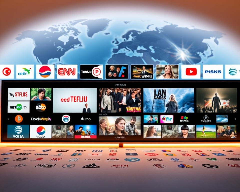 A visually captivating catalog showcasing an array of international television channels. The foreground features a sleek, minimalist display of various channel logos, arranged in a grid-like pattern, with a subtle gradient background that evokes a sense of premium quality. The middle ground showcases high-definition footage from diverse programming, ranging from news broadcasts to cinematic entertainment, all presented in a cohesive and aesthetically pleasing manner. In the background, a subtle world map or satellite imagery subtly hints at the global reach and connectivity of these international channels. The lighting is soft and warm, creating a sophisticated and inviting atmosphere, while the camera angle is slightly elevated, providing a sense of curation and professionalism. The overall composition is balanced, modern, and visually striking, effectively conveying the exclusive and high-quality nature of the content. A visually captivating catalog showcasing an array of international television channels. The foreground features a sleek, minimalist display of various channel logos, arranged in a grid-like pattern, with a subtle gradient background that evokes a sense of premium quality. The middle ground showcases high-definition footage from diverse programming, ranging from news broadcasts to cinematic entertainment, all presented in a cohesive and aesthetically pleasing manner. In the background, a subtle world map or satellite imagery subtly hints at the global reach and connectivity of these international channels. The lighting is soft and warm, creating a sophisticated and inviting atmosphere, while the camera angle is slightly elevated, providing a sense of curation and professionalism. The overall composition is balanced, modern, and visually striking, effectively conveying the exclusive and high-quality nature of the content.