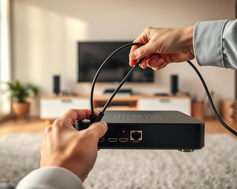 A well-lit, high-quality image of a step-by-step installation process for an IPTV decoder. The foreground shows a person's hands meticulously connecting cables, HDMI and Ethernet, to the back of a sleek, modern IPTV set-top box. The middle ground depicts the box itself, its elegant design complementing the living room environment, with a minimalist entertainment center in the background. The lighting is warm and natural, accentuating the details of the setup. The overall atmosphere conveys a sense of focused, effortless installation, guiding the viewer through the process in a visually engaging manner.