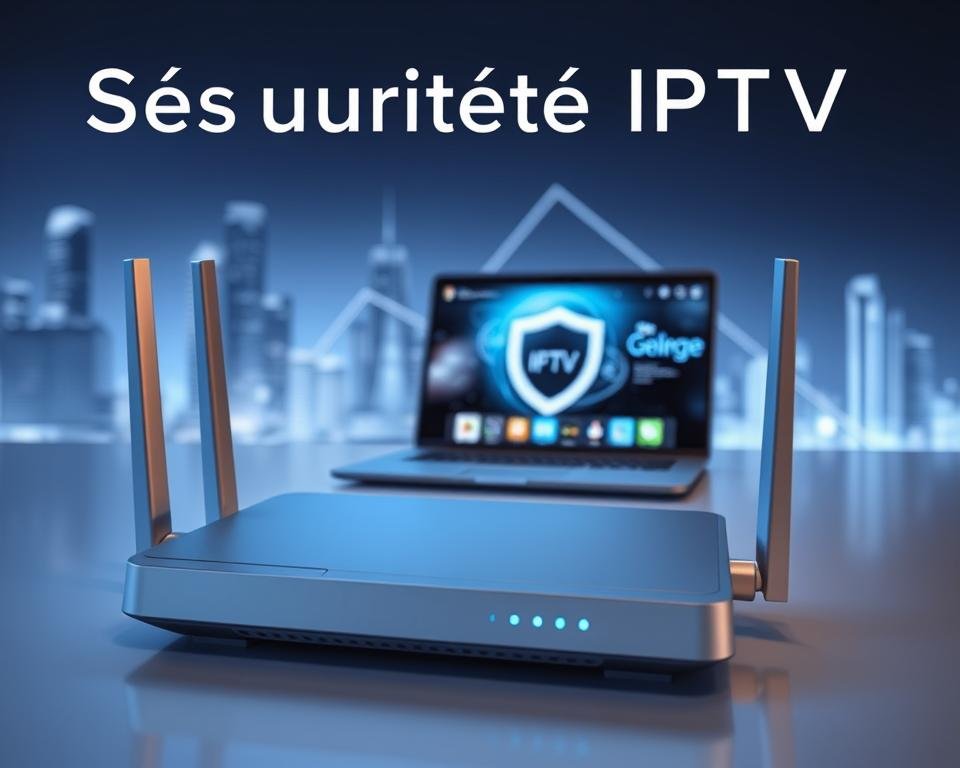 A well-lit, high-resolution image of a secure IPTV service concept. In the foreground, a sleek, futuristic-looking router or modem symbolizing a secure internet connection. The middle ground features a laptop or tablet displaying an IPTV interface, conveying the idea of a safe and reliable streaming experience. In the background, a cityscape or abstract geometric shapes to evoke a sense of technological sophistication. The overall mood should be one of professionalism, security, and innovation, reflecting the title "Sécurité IPTV". Lighting should be clean and directional, with a color palette emphasizing blues and grays. Angles should be dynamic, with a slight bird's-eye perspective to add depth and visual interest. A well-lit, high-resolution image of a secure IPTV service concept. In the foreground, a sleek, futuristic-looking router or modem symbolizing a secure internet connection. The middle ground features a laptop or tablet displaying an IPTV interface, conveying the idea of a safe and reliable streaming experience. In the background, a cityscape or abstract geometric shapes to evoke a sense of technological sophistication. The overall mood should be one of professionalism, security, and innovation, reflecting the title "Sécurité IPTV". Lighting should be clean and directional, with a color palette emphasizing blues and grays. Angles should be dynamic, with a slight bird's-eye perspective to add depth and visual interest.