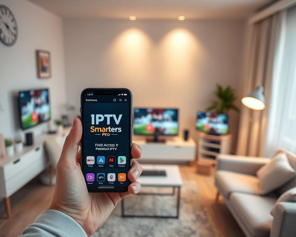 A well-lit, modern home office setup with a laptop, smartphone, and various devices displaying IPTV-related content on their screens. The room has a professional, clean aesthetic with minimalist furniture and decor. Soft, diffused lighting illuminates the space, creating a calming and productive atmosphere. In the foreground, a hand is holding a smartphone displaying "IPTV Smarters Pro" interface, hinting at the free access to premium IPTV services. The overall scene conveys the idea of reliable and accessible IPTV sources in a convenient, technology-driven setting. A well-lit, modern home office setup with a laptop, smartphone, and various devices displaying IPTV-related content on their screens. The room has a professional, clean aesthetic with minimalist furniture and decor. Soft, diffused lighting illuminates the space, creating a calming and productive atmosphere. In the foreground, a hand is holding a smartphone displaying "IPTV Smarters Pro" interface, hinting at the free access to premium IPTV services. The overall scene conveys the idea of reliable and accessible IPTV sources in a convenient, technology-driven setting.