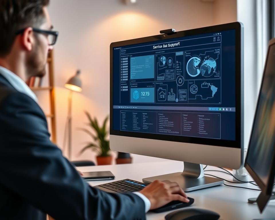 A well-lit, modern office setting with a professional working on a desktop computer. In the foreground, a closeup of the computer monitor displays technical information and diagrams related to IPTV service and support. In the middle ground, the user is intently focused on the screen, hands on the keyboard, dressed in business attire. The background features generic office decor - a bookshelf, potted plant, and warm indirect lighting creating a comfortable, productive atmosphere. The overall scene conveys a sense of expertise, reliability and responsiveness in providing IPTV technical support. A well-lit, modern office setting with a professional working on a desktop computer. In the foreground, a closeup of the computer monitor displays technical information and diagrams related to IPTV service and support. In the middle ground, the user is intently focused on the screen, hands on the keyboard, dressed in business attire. The background features generic office decor - a bookshelf, potted plant, and warm indirect lighting creating a comfortable, productive atmosphere. The overall scene conveys a sense of expertise, reliability and responsiveness in providing IPTV technical support.