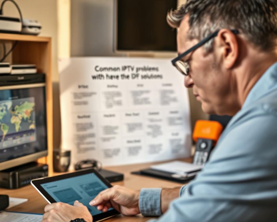 A workspace with a desk displaying various IPTV-related devices and tools, including a tablet, remote control, and networking equipment. The foreground features a person intently focused on troubleshooting an IPTV issue, brow furrowed in concentration. The middle ground showcases a diagram or schematic outlining common IPTV problems and their solutions. The background is softly blurred, creating a sense of depth and emphasizing the workspace. Warm, natural lighting illuminates the scene, evoking a thoughtful and problem-solving atmosphere.
