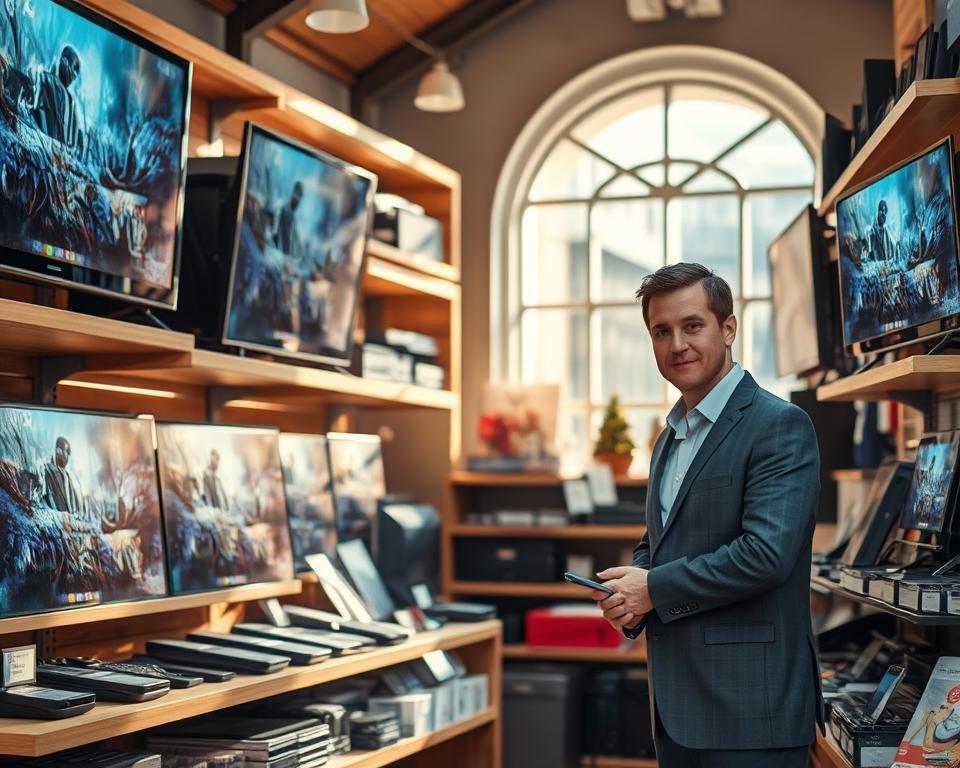 An elegant, well-appointed French market stall, its shelves brimming with high-quality television sets, smartphones, and other connected devices. Soft, natural lighting filters in through a large window, casting a warm glow over the scene. The stall's owner, a knowledgeable and approachable salesperson, stands ready to assist customers, highlighting the superior features and capabilities of the premium IPTV service on offer. The overall atmosphere conveys a sense of expertise, trust, and the promise of a seamless, high-definition viewing experience. An elegant, well-appointed French market stall, its shelves brimming with high-quality television sets, smartphones, and other connected devices. Soft, natural lighting filters in through a large window, casting a warm glow over the scene. The stall's owner, a knowledgeable and approachable salesperson, stands ready to assist customers, highlighting the superior features and capabilities of the premium IPTV service on offer. The overall atmosphere conveys a sense of expertise, trust, and the promise of a seamless, high-definition viewing experience.