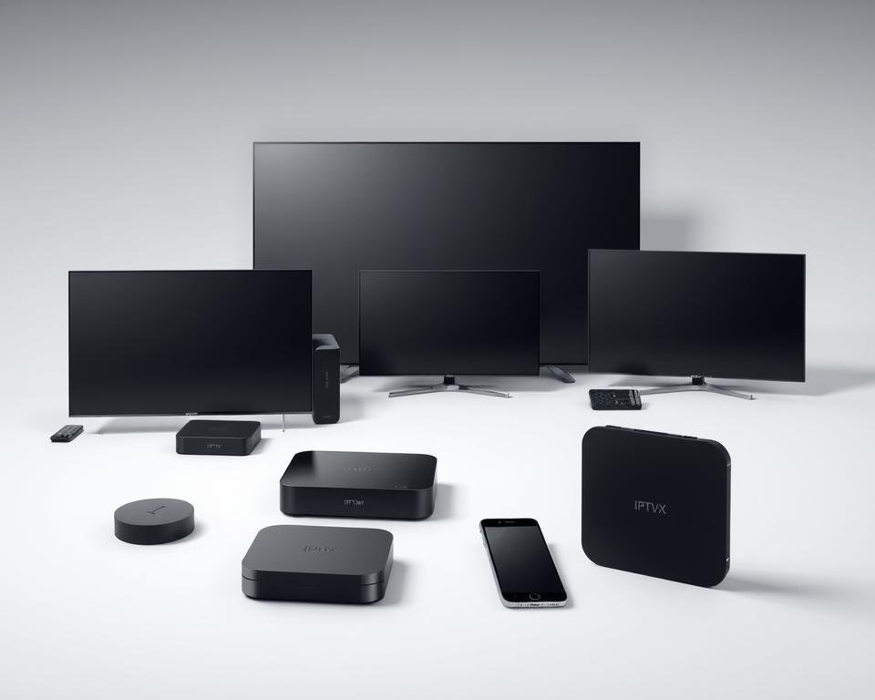 Appareils compatibles IPTVX. A sleek, modern display showcasing an array of compatible devices - smart TVs, streaming boxes, and mobile phones, all poised to deliver the IPTVX viewing experience. The arrangement is minimalist, with clean lines and a neutral color palette, lending an air of sophistication. Subtle shadows and soft, directional lighting emphasize the premium quality of the hardware, while a slightly elevated perspective gives the image a sense of authority and professionalism. The overall impression is one of technological elegance, conveying the seamless integration and reliability of the IPTVX platform across a diverse range of contemporary media devices. Appareils compatibles IPTVX. A sleek, modern display showcasing an array of compatible devices - smart TVs, streaming boxes, and mobile phones, all poised to deliver the IPTVX viewing experience. The arrangement is minimalist, with clean lines and a neutral color palette, lending an air of sophistication. Subtle shadows and soft, directional lighting emphasize the premium quality of the hardware, while a slightly elevated perspective gives the image a sense of authority and professionalism. The overall impression is one of technological elegance, conveying the seamless integration and reliability of the IPTVX platform across a diverse range of contemporary media devices.