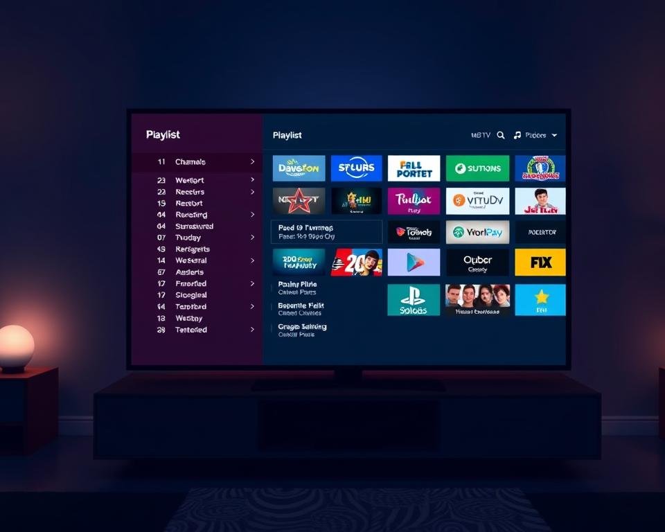 Configuration playlist M3U télévision - a detailed digital illustration showcasing an M3U playlist displayed on a modern television screen. The foreground features the playlist interface with various channel listings, settings, and playback controls. The middle ground depicts the TV screen in a sleek, minimalist design, highlighting the vibrant colors and high-definition resolution of the content. The background sets a mood of a cozy, dimly lit living room environment, with subtle lighting reflecting off the TV screen and adding depth to the scene. The overall atmosphere conveys a sense of easy access to a wide range of online television content through the use of a simple M3U playlist. The image aims to visually represent the concept of "free IPTV access with M3U playlists" in an informative and aesthetically pleasing manner. Configuration playlist M3U télévision - a detailed digital illustration showcasing an M3U playlist displayed on a modern television screen. The foreground features the playlist interface with various channel listings, settings, and playback controls. The middle ground depicts the TV screen in a sleek, minimalist design, highlighting the vibrant colors and high-definition resolution of the content. The background sets a mood of a cozy, dimly lit living room environment, with subtle lighting reflecting off the TV screen and adding depth to the scene. The overall atmosphere conveys a sense of easy access to a wide range of online television content through the use of a simple M3U playlist. The image aims to visually represent the concept of "free IPTV access with M3U playlists" in an informative and aesthetically pleasing manner.