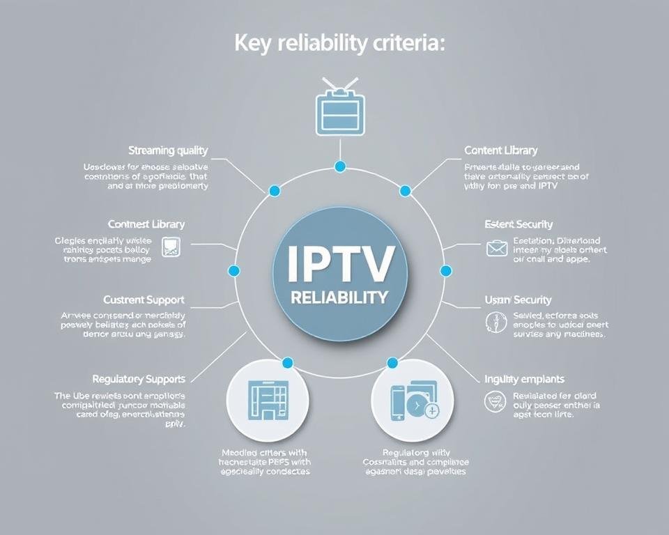 Detailed technical diagram showcasing the key reliability criteria for a professional IPTV service. A clean, minimalist layout with a neutral color palette of greys and blues. Crisp, high-resolution rendering with a slight edge-lighting effect to create depth and focus. Precise, geometric iconography and data visualizations neatly arranged to highlight the essential factors for evaluating IPTV reliability, such as streaming quality, content library, customer support, security, and regulatory compliance. The overall impression should convey a sense of authority, trustworthiness, and technical expertise.