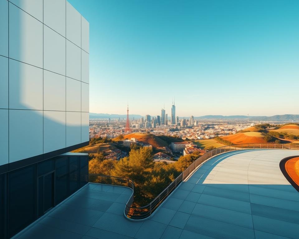 Detailed wide-angle shot of a serene business landscape, capturing the economic advantages of IPTV in 2025. In the foreground, a sleek, modern office building with clean, minimalist architecture bathed in warm, natural lighting. The middle ground showcases a bustling city skyline, with skyscrapers and communication towers symbolizing the technological advancements of the IPTV industry. In the background, rolling hills and a vibrant blue sky create a sense of tranquility and growth. The overall composition conveys the profitability, efficiency, and future-readiness of IPTV as a cutting-edge technology, perfect for the "Pourquoi choisir le code IPTV en 2025" section.