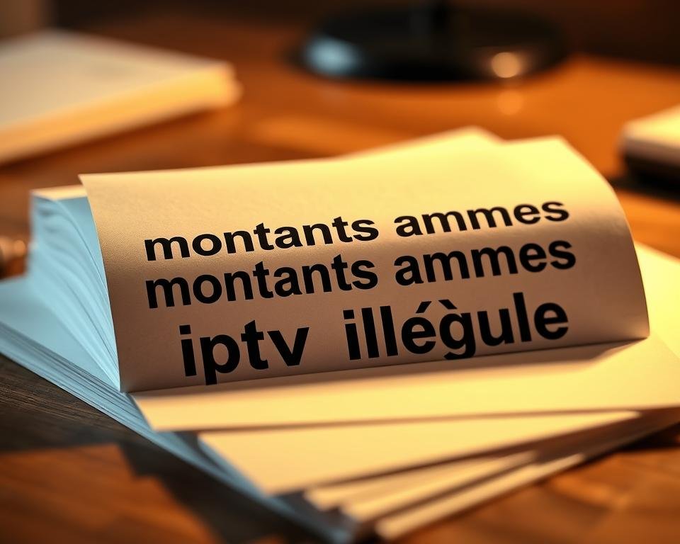 Prompt A close-up view of a stack of official-looking documents, with the text "montants amendes iptv illégale" prominently displayed. The documents are placed on a wooden desk, illuminated by a warm, soft light that casts subtle shadows across the surface. The background is slightly blurred, creating a sense of depth and focus on the central subject. The overall tone is one of seriousness and legal authority, conveying the gravity of the fines and penalties associated with illegal IPTV services. Prompt A close-up view of a stack of official-looking documents, with the text "montants amendes iptv illégale" prominently displayed. The documents are placed on a wooden desk, illuminated by a warm, soft light that casts subtle shadows across the surface. The background is slightly blurred, creating a sense of depth and focus on the central subject. The overall tone is one of seriousness and legal authority, conveying the gravity of the fines and penalties associated with illegal IPTV services.