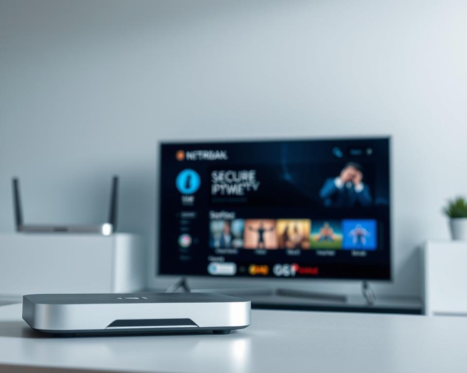 Secure television service, a sleek and modern digital interface. In the foreground, a stylized IPTV set-top box with a minimalist design, its surface gleaming under soft, diffused lighting. The middle ground showcases a high-definition television screen displaying a carefully curated selection of content, its interface clean and intuitive. In the background, a sophisticated network router symbolizes the secure and reliable connectivity powering this premium viewing experience. The overall mood is one of technological sophistication, digital security, and a seamless, user-friendly entertainment solution. Secure television service, a sleek and modern digital interface. In the foreground, a stylized IPTV set-top box with a minimalist design, its surface gleaming under soft, diffused lighting. The middle ground showcases a high-definition television screen displaying a carefully curated selection of content, its interface clean and intuitive. In the background, a sophisticated network router symbolizes the secure and reliable connectivity powering this premium viewing experience. The overall mood is one of technological sophistication, digital security, and a seamless, user-friendly entertainment solution.