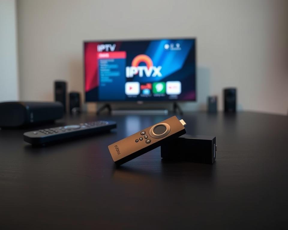 Sleek, modern Firestick device resting on a minimalist dark wood surface, surrounded by remote control and other home entertainment peripherals. The Firestick's display screen shows a vibrant interface with the IPTVX logo prominently featured, hinting at the seamless integration of the streaming service. Soft, diffused lighting casts a warm glow, creating an inviting and user-friendly atmosphere. Camera angle slightly elevated, capturing the scene from a comfortable, eye-level perspective. The overall composition conveys a sense of simplicity, efficiency, and the effortless setup of IPTVX on the Firestick platform. Sleek, modern Firestick device resting on a minimalist dark wood surface, surrounded by remote control and other home entertainment peripherals. The Firestick's display screen shows a vibrant interface with the IPTVX logo prominently featured, hinting at the seamless integration of the streaming service. Soft, diffused lighting casts a warm glow, creating an inviting and user-friendly atmosphere. Camera angle slightly elevated, capturing the scene from a comfortable, eye-level perspective. The overall composition conveys a sense of simplicity, efficiency, and the effortless setup of IPTVX on the Firestick platform.