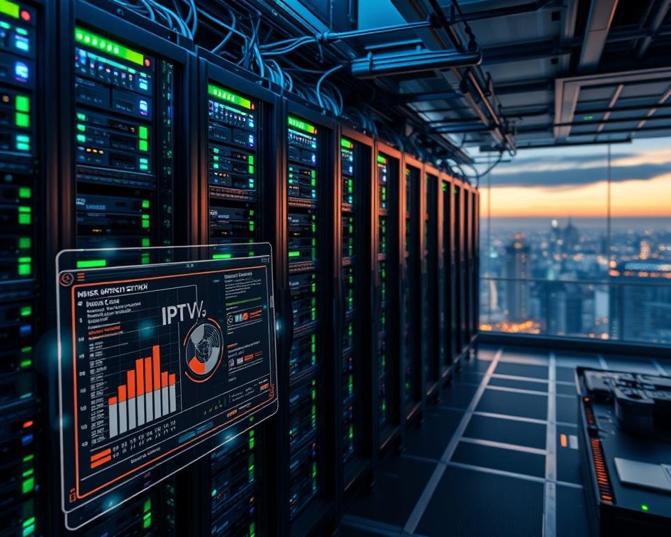 Technical operation of IPTV servers: an intricate, futuristic data center with rows of server racks, glowing blue and green status lights, and a complex web of cables and fiber optic connections. The scene is bathed in a cool, technical lighting, with a sense of precision and efficiency. In the foreground, a holographic interface displays real-time server metrics and diagnostic information. The background features a panoramic view of the city skyline, hinting at the global scale of the IPTV network. The overall atmosphere conveys the advanced, cutting-edge nature of modern IPTV technology. Technical operation of IPTV servers: an intricate, futuristic data center with rows of server racks, glowing blue and green status lights, and a complex web of cables and fiber optic connections. The scene is bathed in a cool, technical lighting, with a sense of precision and efficiency. In the foreground, a holographic interface displays real-time server metrics and diagnostic information. The background features a panoramic view of the city skyline, hinting at the global scale of the IPTV network. The overall atmosphere conveys the advanced, cutting-edge nature of modern IPTV technology.